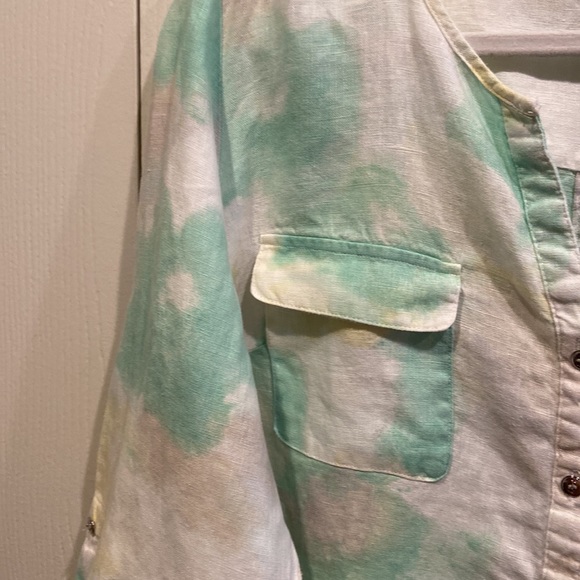 100% Linen Pastel Green & Yellow Tie Dye V Neck Button Down Top Size 14 - Picture 2 of 7